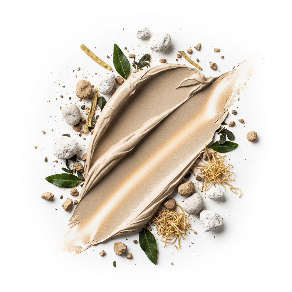 Savinen naamiota muistuttava kerros levitettynä valkoiselle tasaiselle alustalle, ympärillä luonnonmukaisia kasviainesosia kuten savimuruja ja kasviuutteita